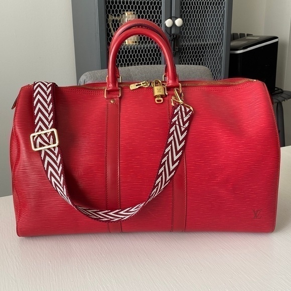 Louis Vuitton Red Epi Leather Boston Bag Keepall 45 Duffel Red Strap XL LV Dusty